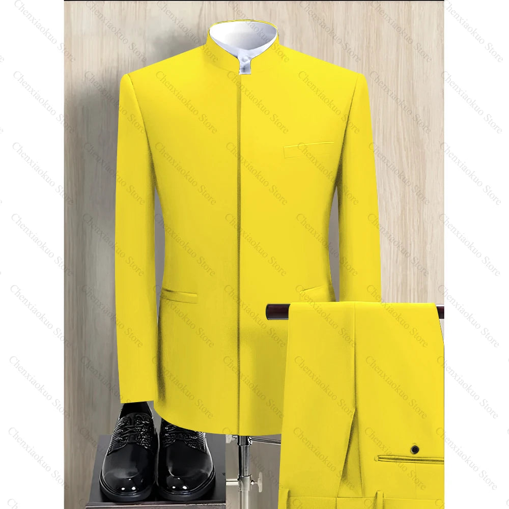 Fashion Solid Men Suits 2 Piece Stand Collar Long Sleeves Formal Outfits Chic Business Casual Wedding Tuxedo (Blazer+Pants)