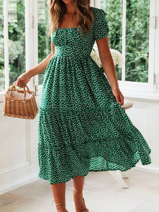 Vintage Print Puff Sleeve summer Beach sweet dresses Casual Square collar floral maxi long dress