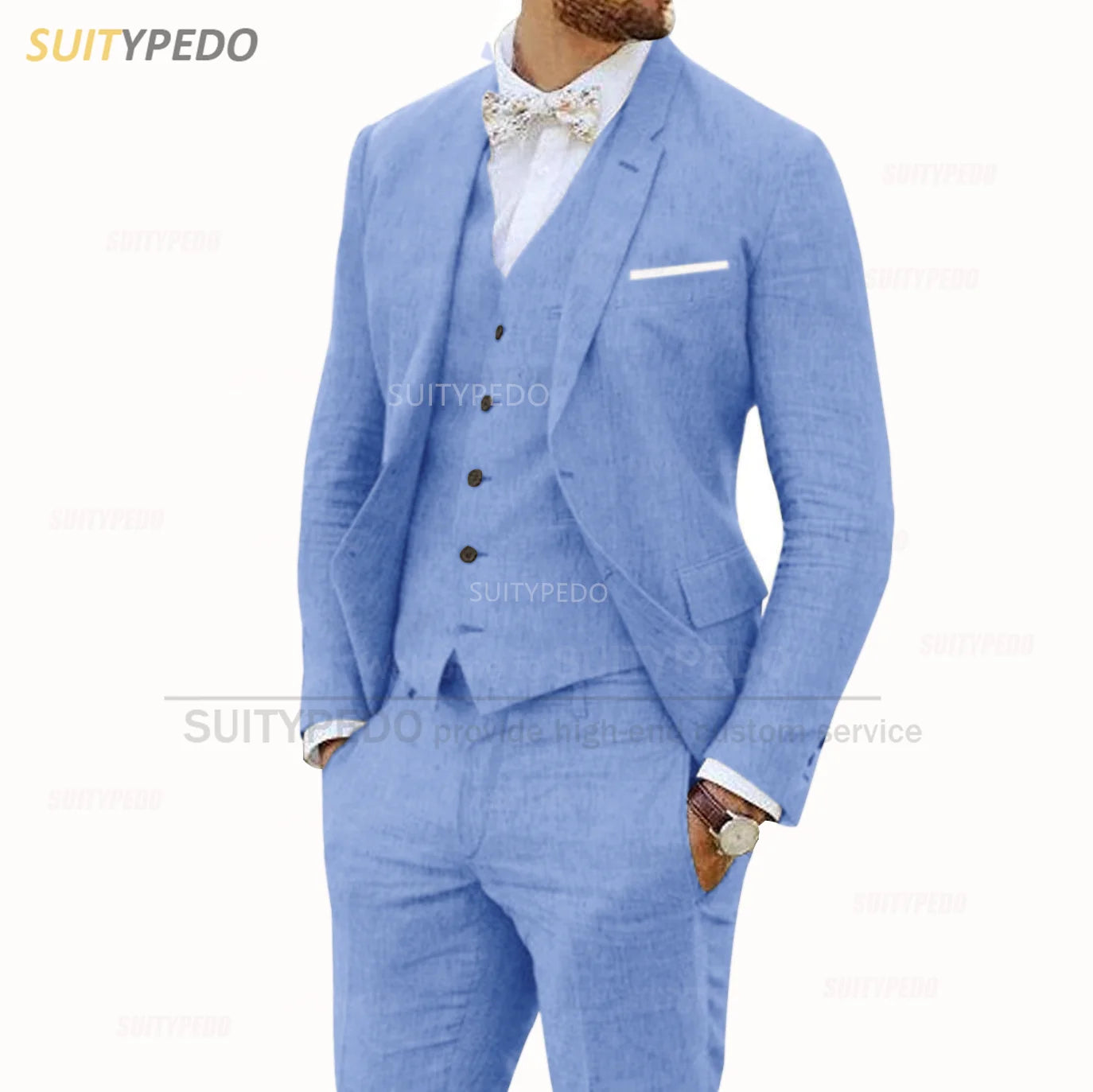 Linen Suits for Men 3 Pieces Casual Slim Fit Suit Blazer Vest Pants Set Formal Prom Wedding Tuxedos for Groomsmen Best Man