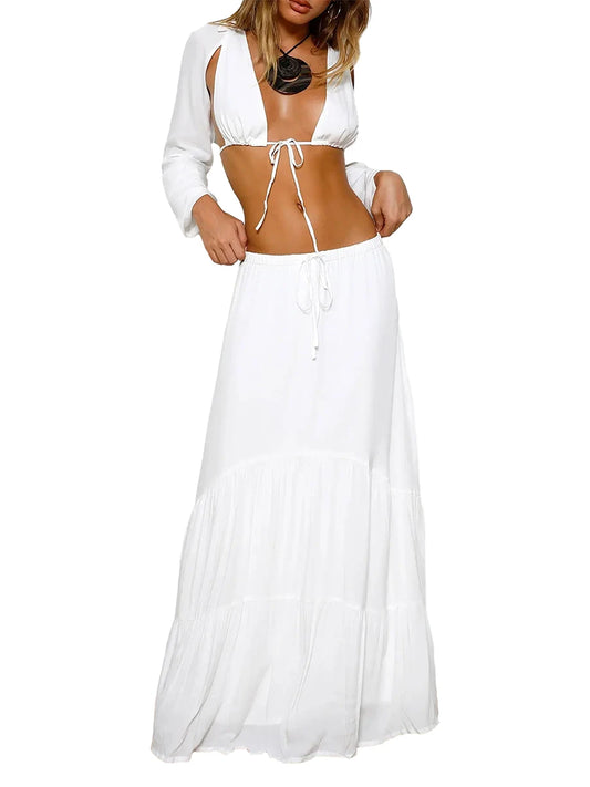 Women Skirt Set Long Sleeve Tie-up Crop Top with Low Waist Long Skirt