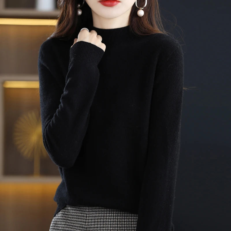 100% Pure Wool Half Turtleneck Pullover In Cashmere Sweater Women's Casual Knit Top Women's Coat
