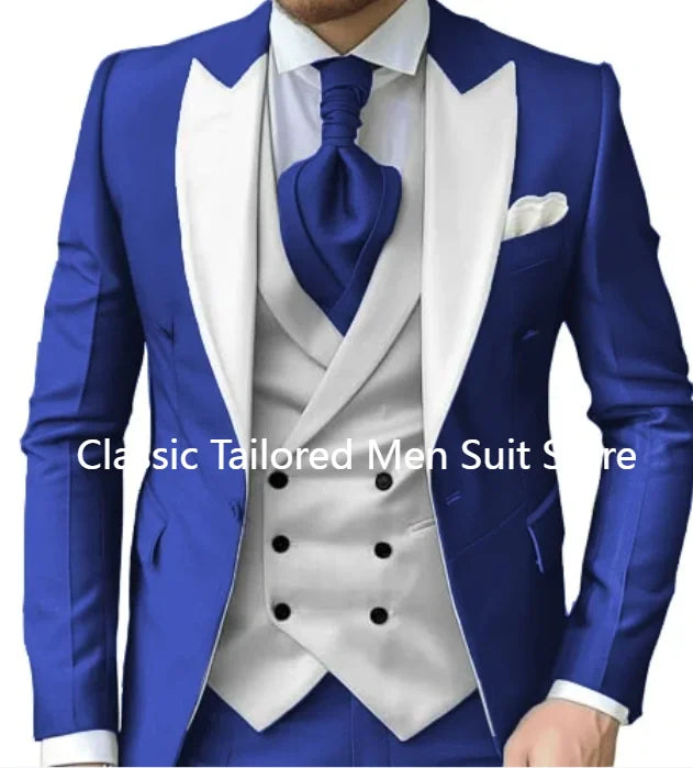 Elegant Wedding 3 Piece Jacket Pants Vest Full Set Luxury Single Breasted Peak Lapel  Male Clothing Men's Suits Blazer