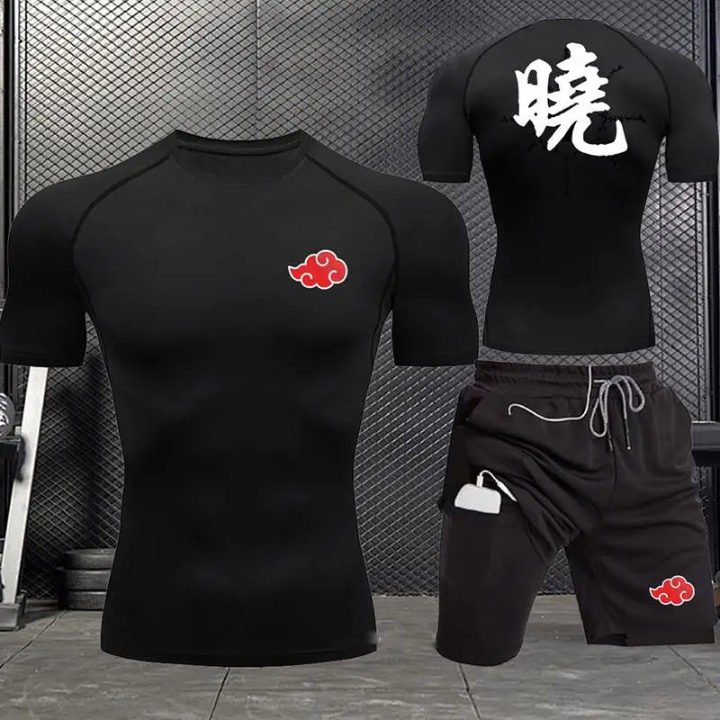 Jogging Breathable Compression Sportswear Summer Men's Training Two-piece Tight T-shirt Fitness Shorts Gym Workout Set S-3xl