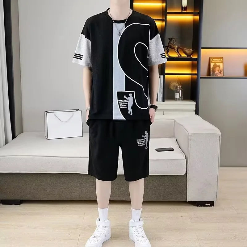 Men's sets Waffle Summer Casual T shirt  + Shorts Suit basketball Tracksuit Letter print Solid color tracksuit loose suit