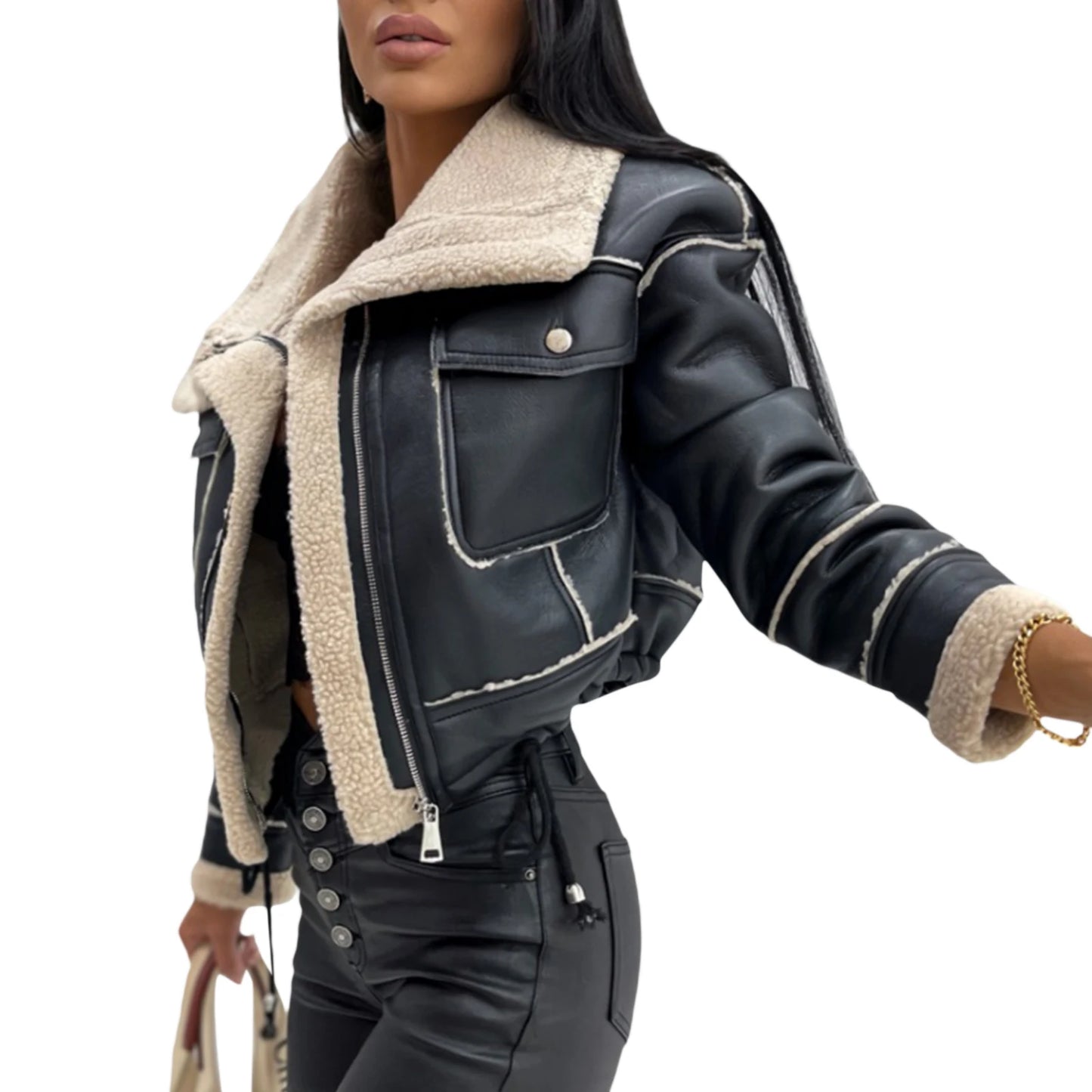 Winter Jacket, Long Sleeve Zipper Closure Patchwork Warm Outwear with Pockets