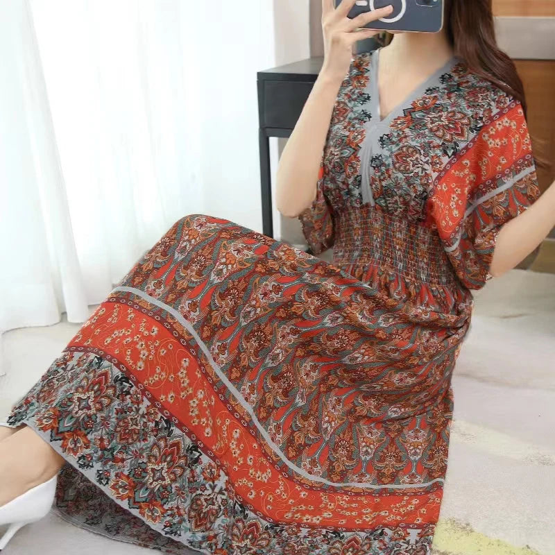 Colorful Flower V-neck Elastic Youthful Bohemian Sweet Midi Dress Woman Clothes Chic Fashion Summer Dresses