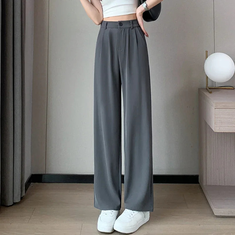 Women Full Length Pants Baggy High Waist Wide Leg Solid Color Trousers Lady Straight Leg  Classic Office  Slacks