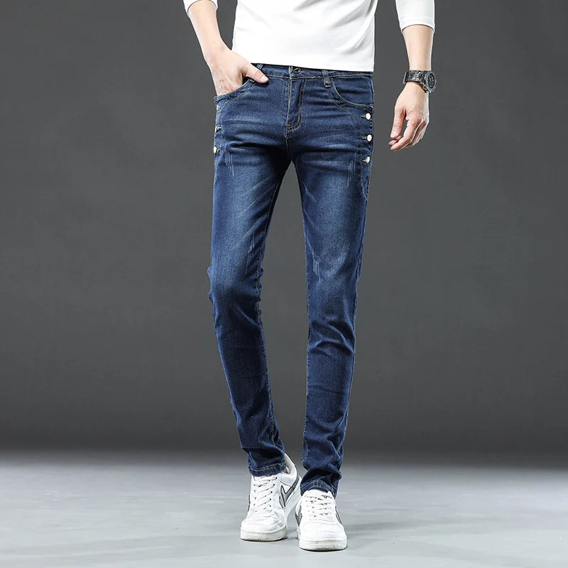 Button Jeans  Solid Color Stretch Multi-button  Denim Pants Streetwear