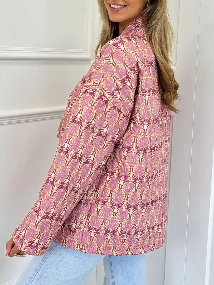 Ladies Retro Floral Print Hooded  Jacket Warm Winter Quilted Coat with Zipper Closure and Pockets