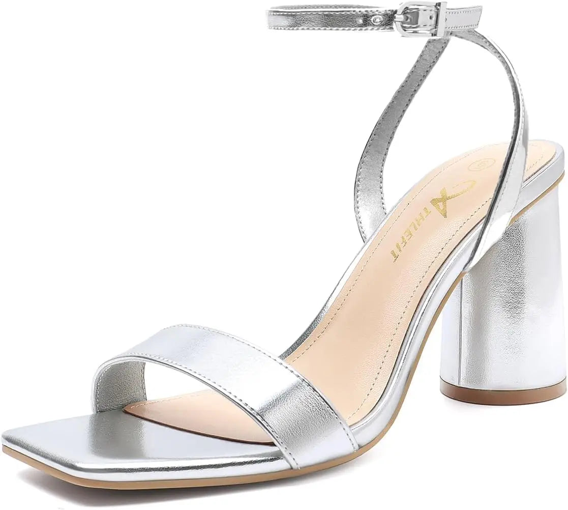 Strappy Chunky Block Heels Fashion Square Open Toe Heeled Sandals Ankle Strap
