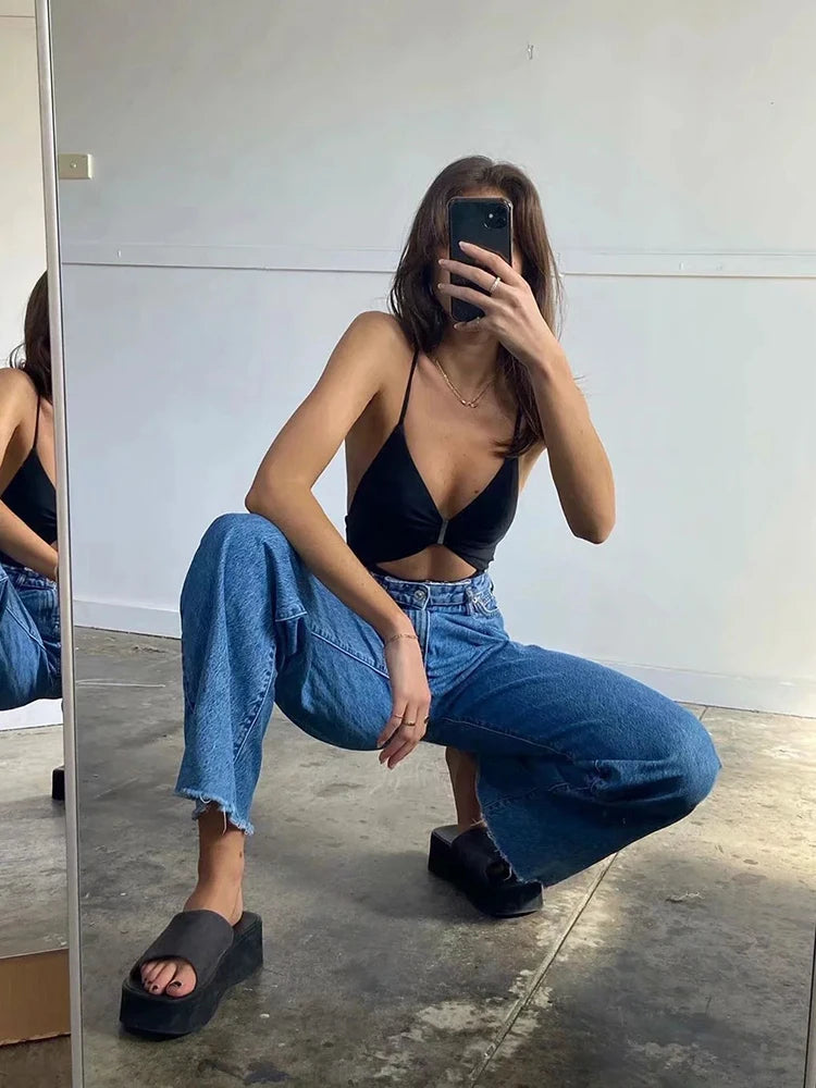 Cryptographic Casual Fashion Straight Leg Women's Jeans Denim Bottom Long High Waist Baggy Jeans