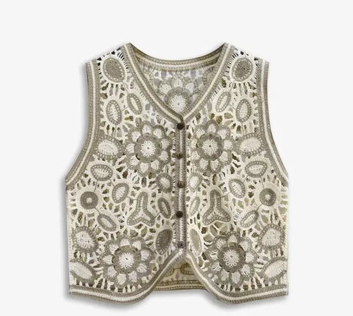 Sexy Hollow Out Knit Tank Tops Women Color block  V Neck Floral Camisole Female Beach Style Crop Top