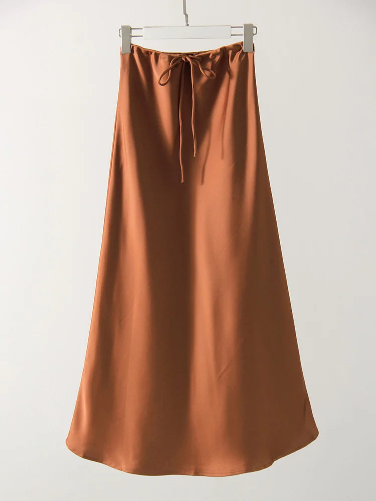 Long Satin Skirt  A Line Tie Up