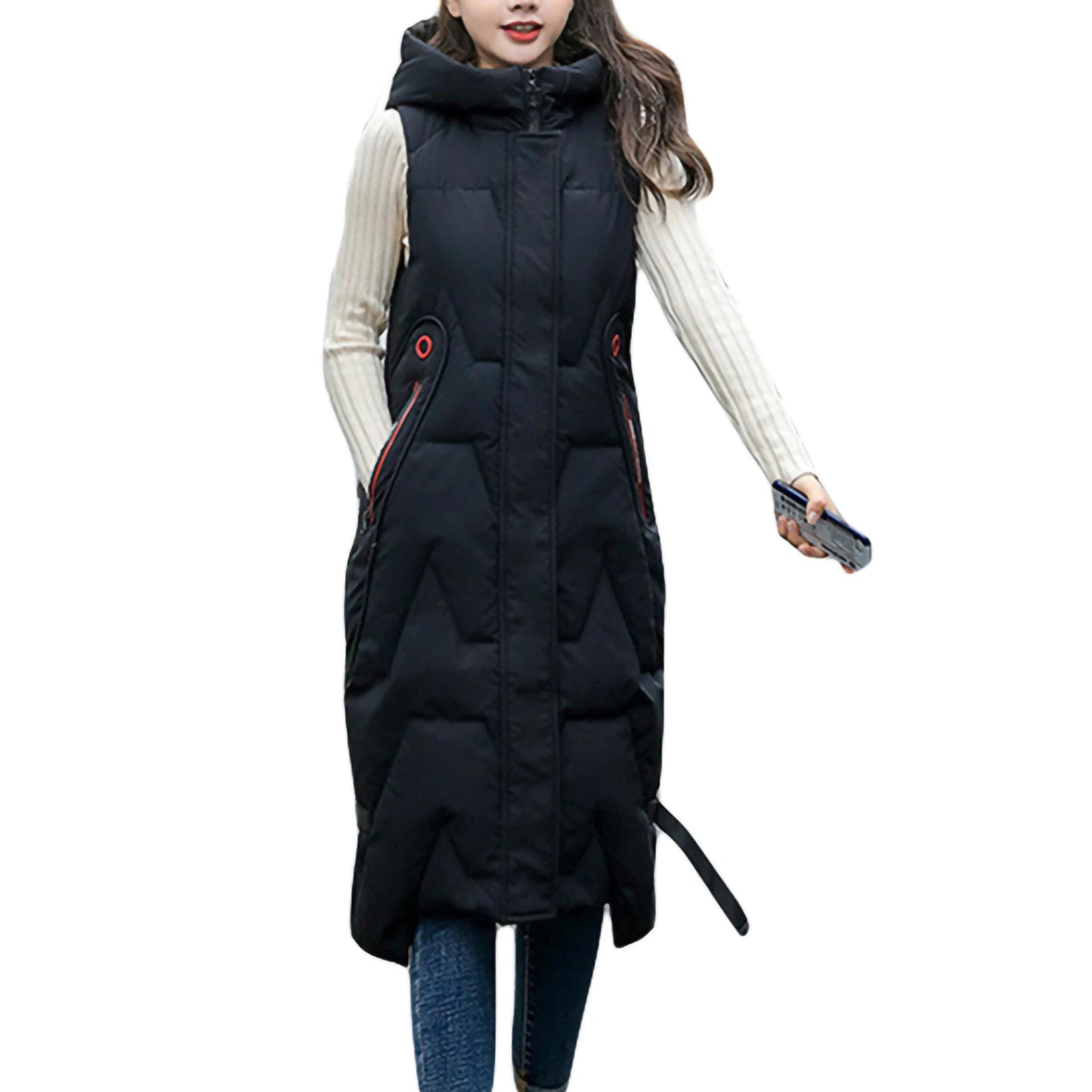 Quilted Puffer Vest with Hood Mid-Length Sleeveless Winter Waistcoat Zipper Closure Lightweight Down Coat