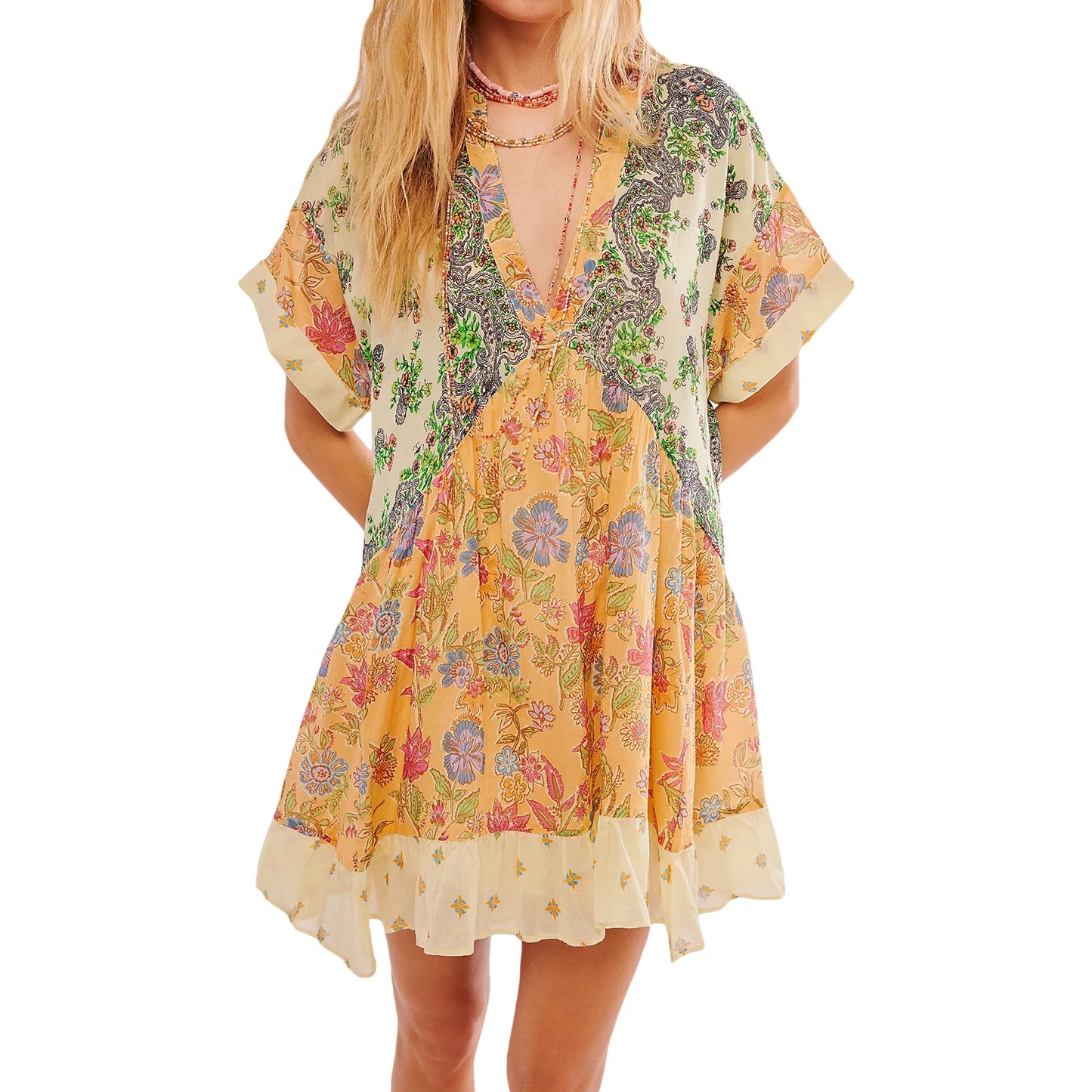 Women s Sleeveless Dress with Ruffle Hem in Tropical Print Summer Boho Beach Dress with Pockets