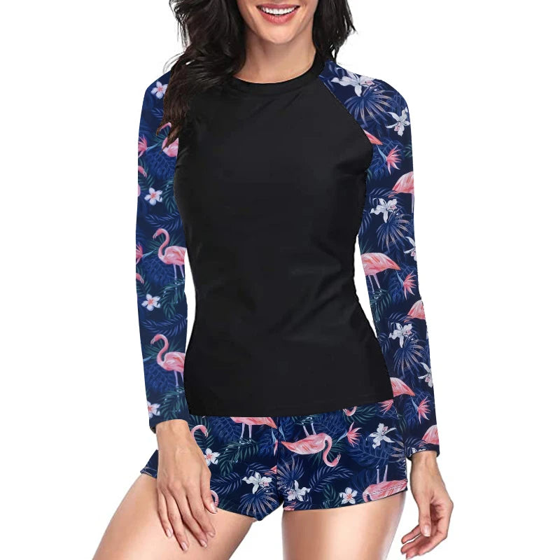 Women Two Pieces Vintage Print Rash Guard Swimwear Long Sleeve Shirt Shorts Surf Top Retro Print Running Shirt Split Swimsuit