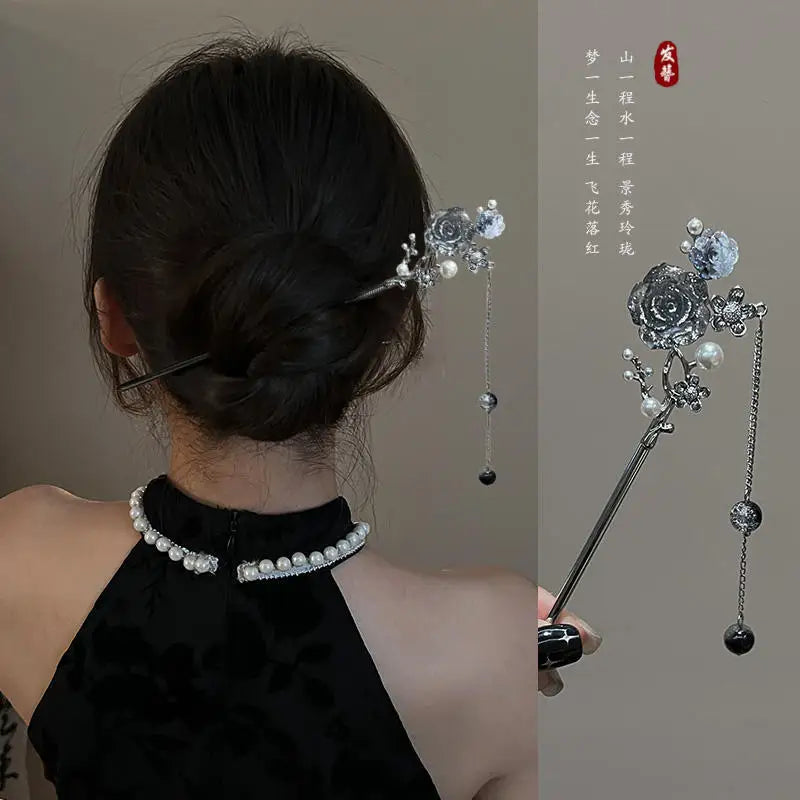 Modern Hair Stick Ink Flower Metal Tassel Hairpin Forks For Women  Beads Fringe Hair Clasp