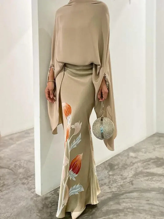 Skirt Suits Two Piece Set Solid Color High Neck Tops & Vintage Floral Printed High Wiast Skirt