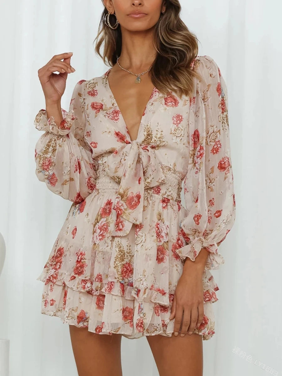 Casual Mini Dress Floral Print Deep V-Neck Tie-Up Long Sleeve  Ruffles Dress
