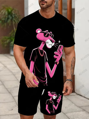 Men's Tracksuit Sets Pink Panther Short Sleeve T-Shirt Suit Casual Suit Sports Streetwear Shorts 2 Piece Male Clothes