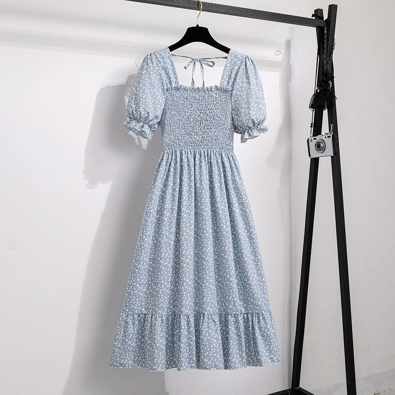Chiffon Dresses Fashion Female Elastic Waist Short Sleeve Pleated Casual Dress Women A-line Dresses