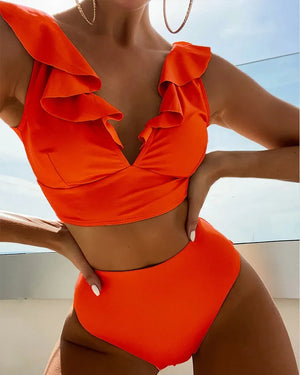 Solid Color V-neck Ruffle Bikini Women 2 Piece Swimwear Push Up Padded High Waist Swimsuit