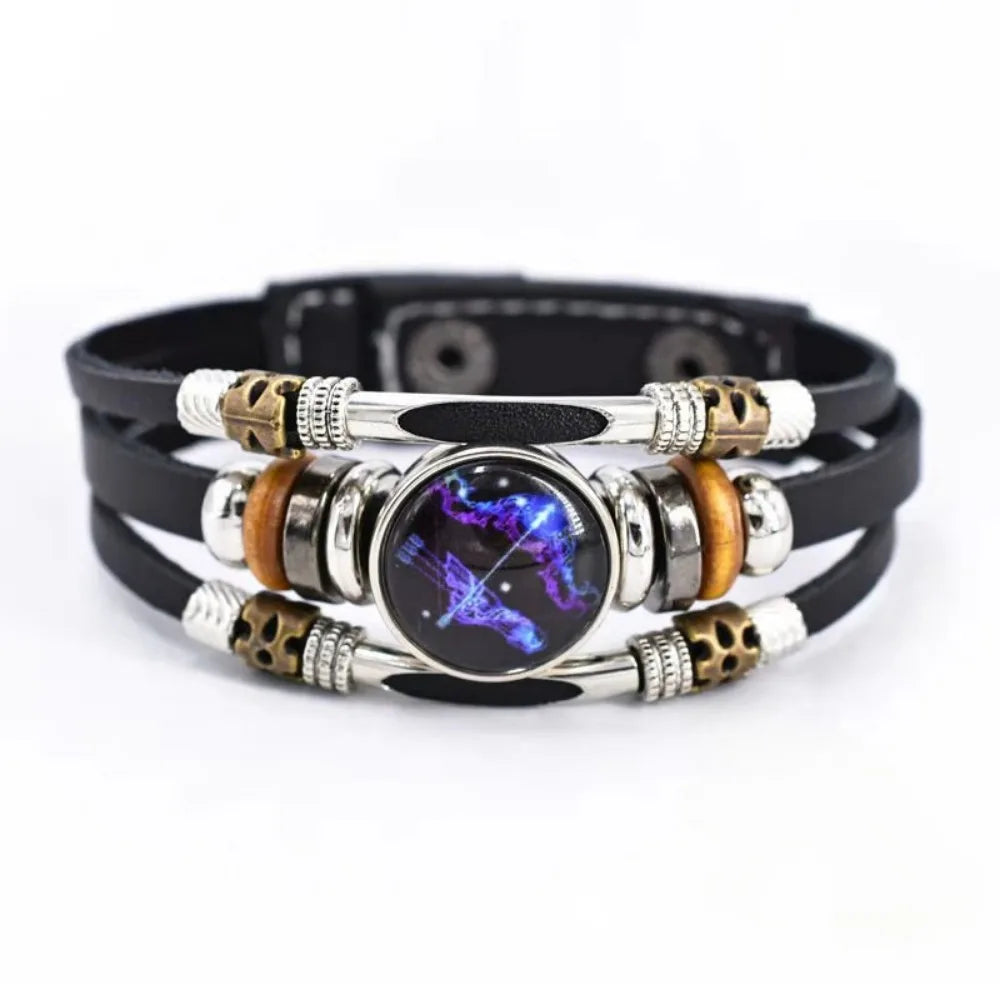 Twelve Constellations Luminous Leather Bracelet Retro Multi-layer Beaded Leather Bracelet Jewelry
