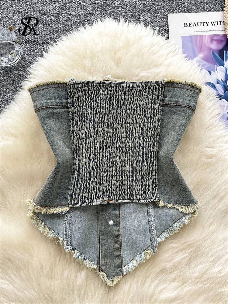 SINGREINY American Retro Strapless Denim Top Women Elastic Ruched Irregular Fashion Blouse Hotsweet Short Beach Sexy Tank Top