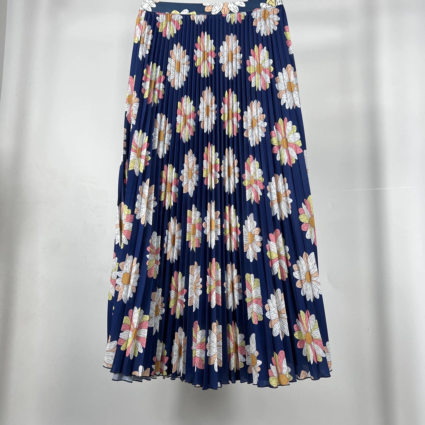 Floral Print Elastic HIgh Waist  Pleated Midi Skirt