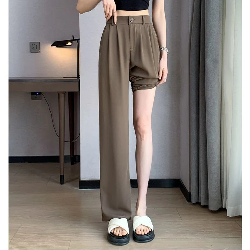 Women Full Length Pants Baggy High Waist Wide Leg Solid Color Trousers Lady Straight Leg  Classic Office  Slacks
