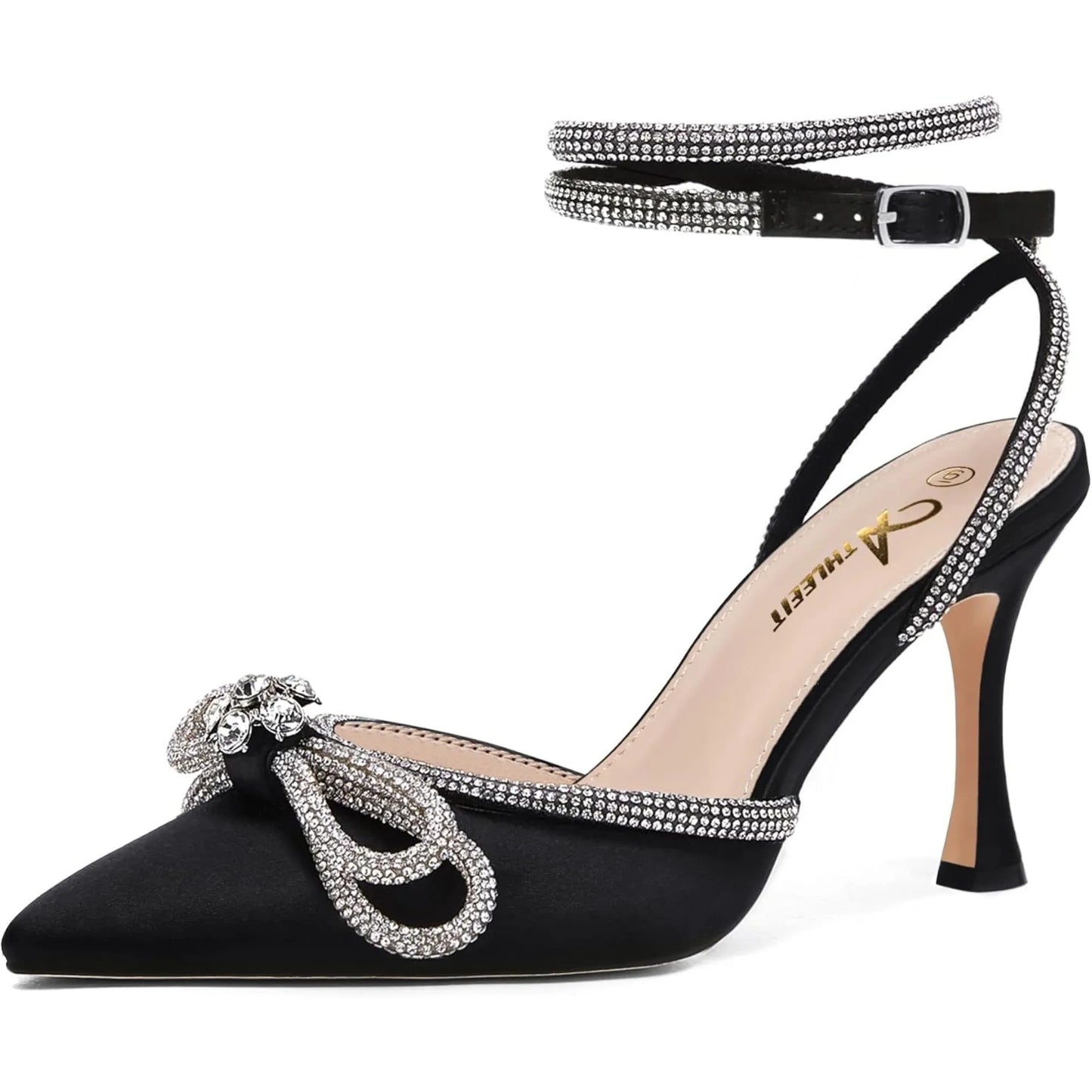 Rhinestone Bow Heels Ankle Strap Pointed Toe Stiletto Heeled Sandals