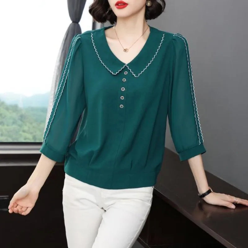 Solid Color V-Neck Shirts Patchwork Striped 3/4 Sleeves Loose Fashion Button