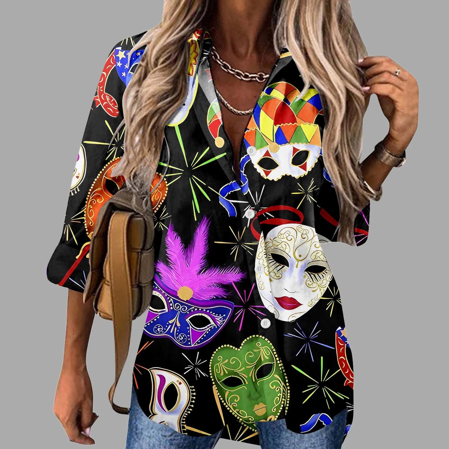 Mardi Gras Women V Neck Shirts Button Long Sleeve Carnival Print Tops Female Blouses Loose