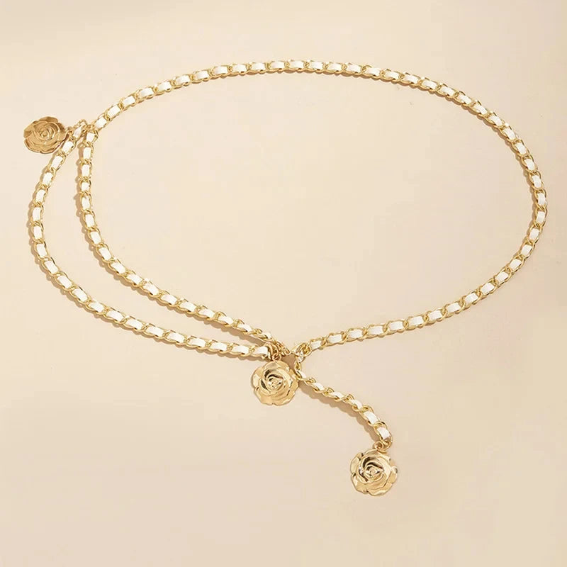 High Quality Metal Waist Chain Belts For Women Round Flower Pendant Chain Strap Rope Female Fine Waistband
