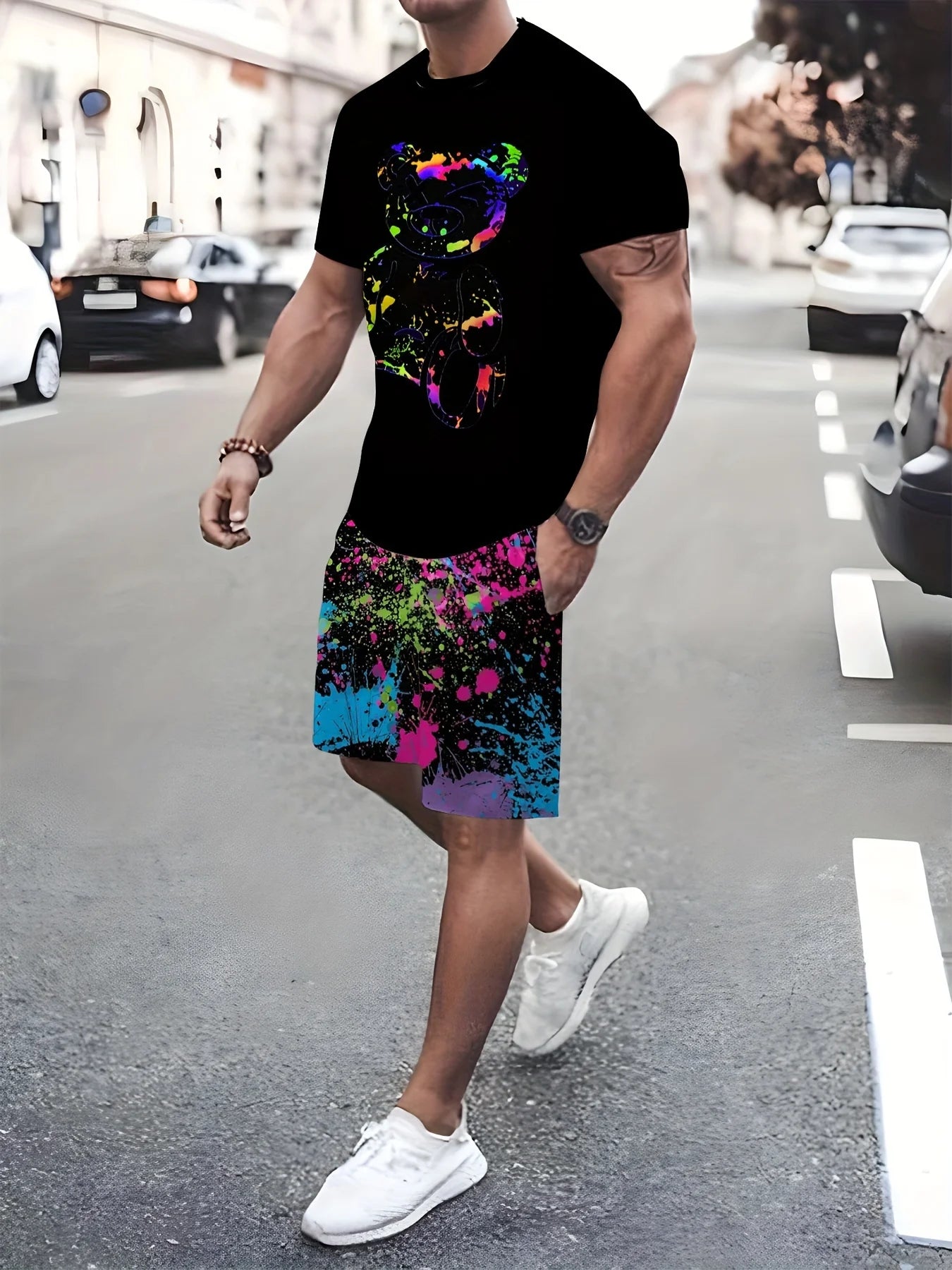 Bear 3D printed men's suit casual short sleeve street clothing hip hop two piece outfit