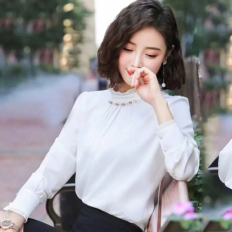 Chiffon Loose Long Sleeve Solid Color  Pleated Blouse