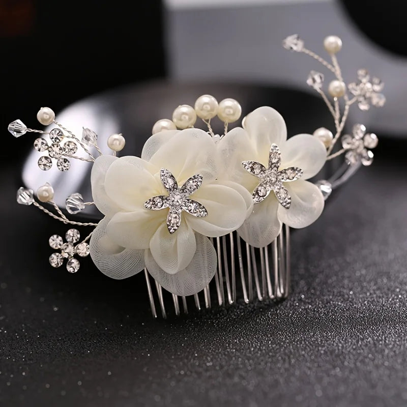 Hair Comb Flower Hair Ornaments Hair Comb Pearl Rhinestone Headpiece For Women Girls Headdress Floral Jewelry