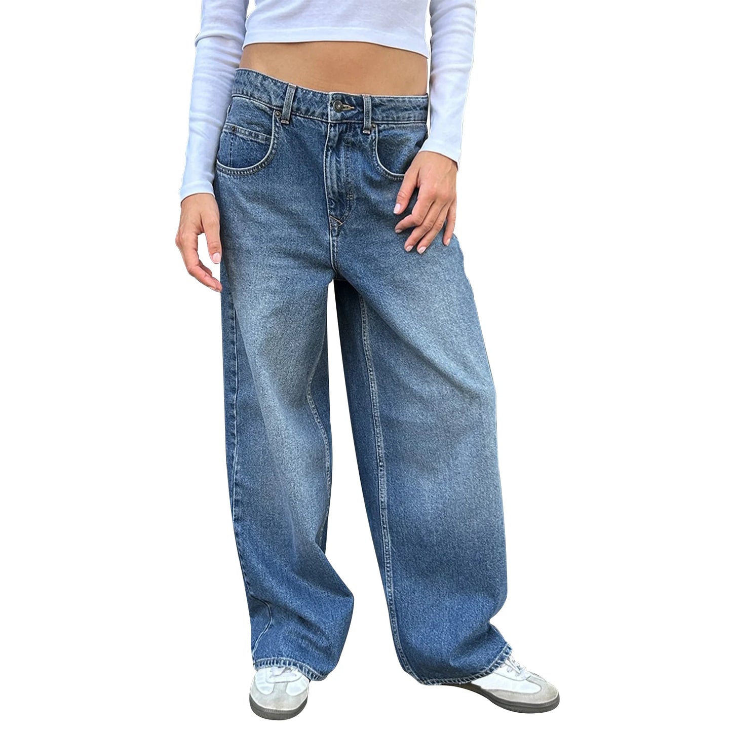 Ladies Stylish Low Rise Loose Fit Jeans Trendy Relaxed Straight Leg Denim Trousers with Functional Pockets for Everyday Wear