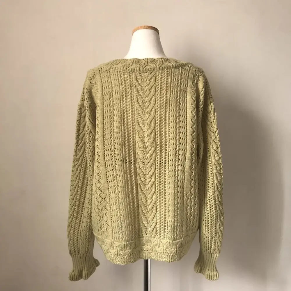 Women Spring Summer Sweater and Cardigans Low V-Neck Knit Tops Long Sleeve Hollow Out Sexy Cardigan Loose
