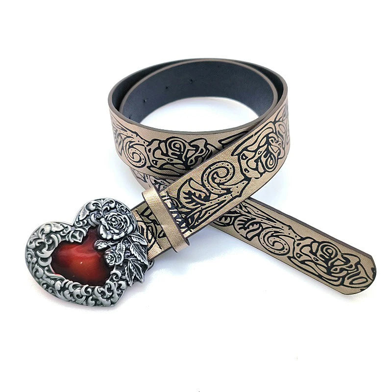 Gothic Punk Leather Belt For Women Metal Red  Heart Buckle Waist Strap Jeans Decorative Waistband Accessories