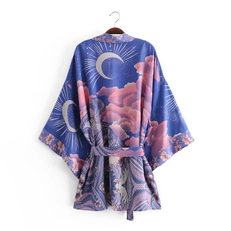 Boho Queens Vintage Star and Moon Floral Print Women's Bohemian V Neck Batwing Sleeves Kimono