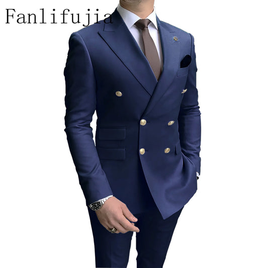 Men's Party Tuxedos 2 Pieces Latest Peak Lapel Men Suits Gold Buttons Fashion Style Suits Double Breasted