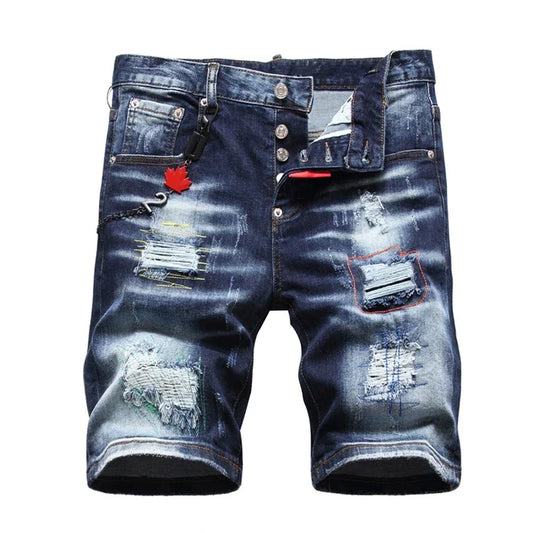 fashion blue Denim Shorts Summer Holes BUTTON FLY Shorts Jeans High Quality Stretch Fit Denim Jeans Shorts
