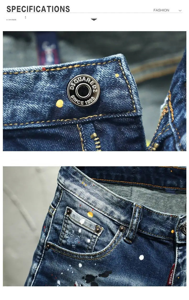 European and American Painting and Tattoo Patch Slim Fit Elastic  Jeans Fashion  High Street Beggar Pants
