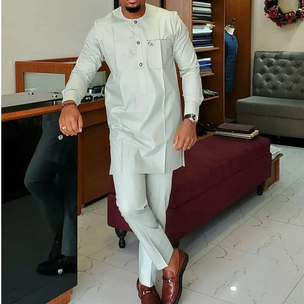 Men's  Wedding 2-Piece Suit Waist Pants Shirt Solid Color Panel Long Sleeve Party African Ethnic Style Clothing