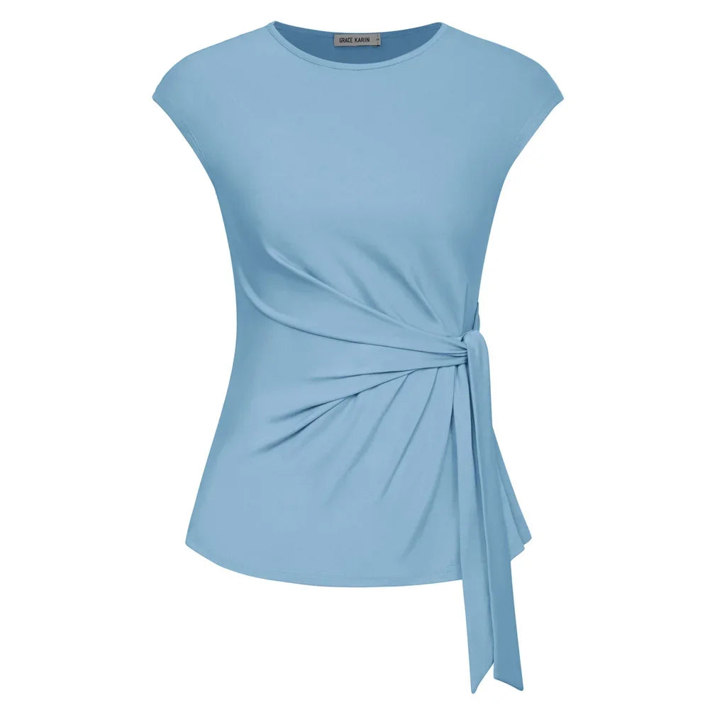 Front Bow Knot  Cap Sleeve Crew Neck Pullover