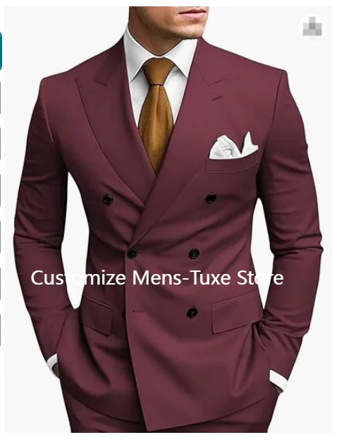 High Quality Men's Suits Double Breasted Bespoke Double Breasted Peaked Lapel Formal Blazer Slim Fit 2 Piece Jacket Pants