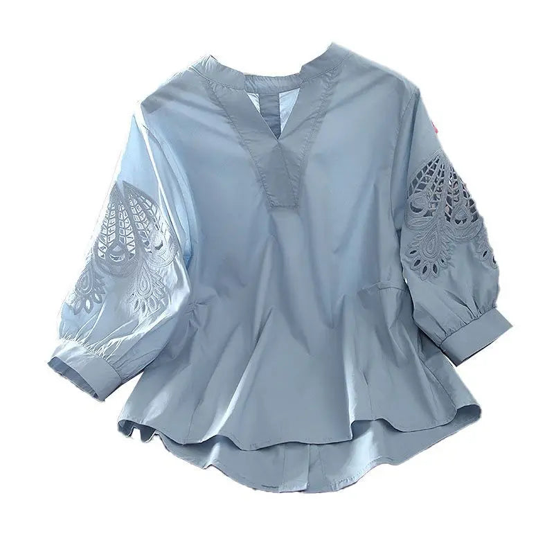 Hollow Out Loose Blouse Summer  V Neck Half Sleeve Solid Color