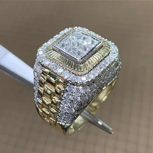 Domineering Gold Color Hip Hop Ring for Men Women Fashion Inlaid White Zircon Stones  Jewelry