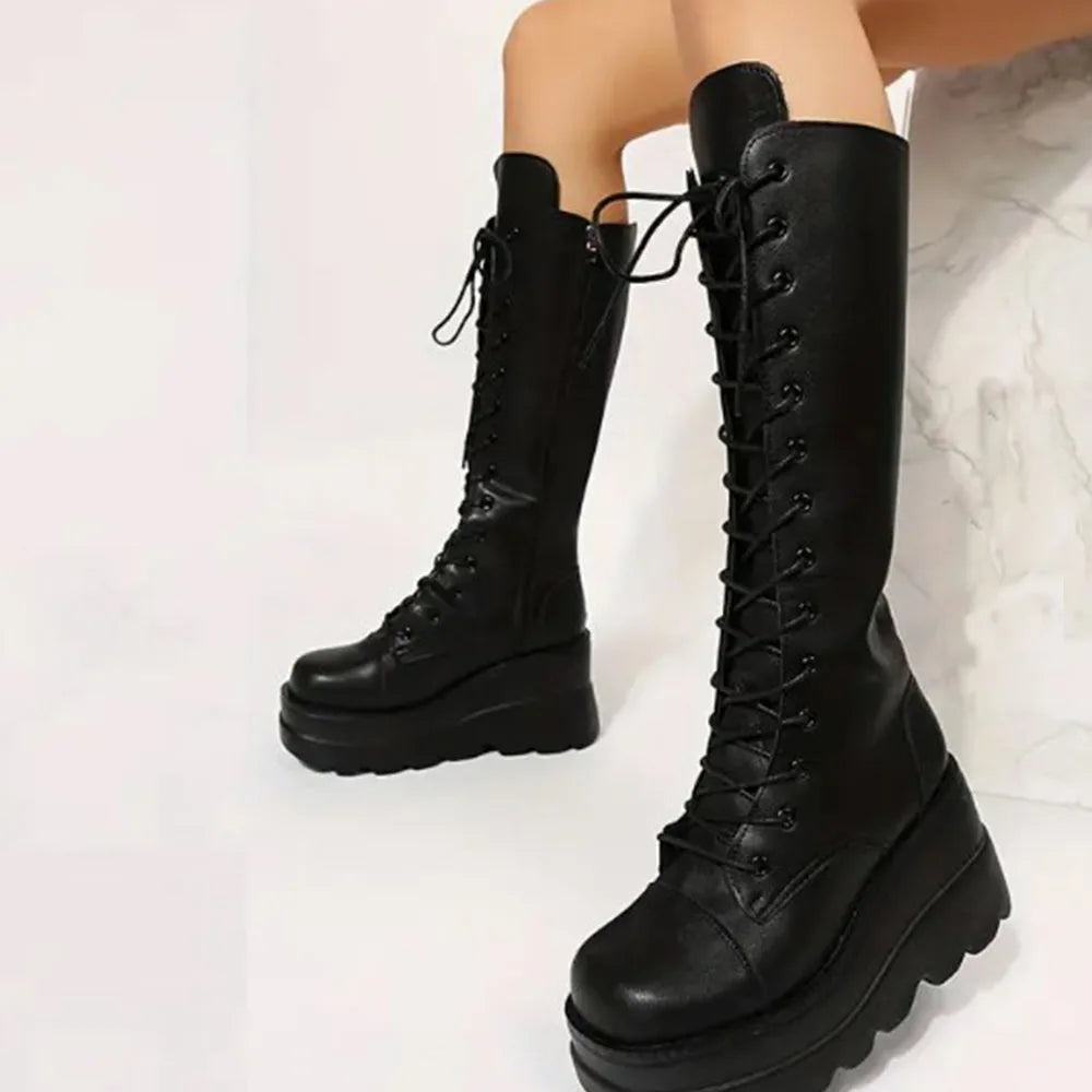 Gothic Fashion Round Toe Side Zipper Lace Up  Mid Calf Boots